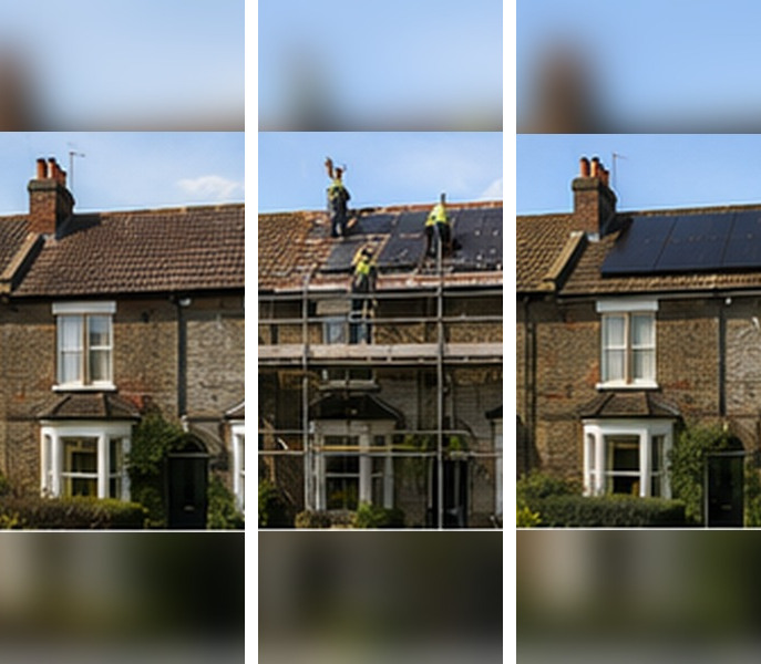 Illustrative example of a solar installation on a London home, before, during and after